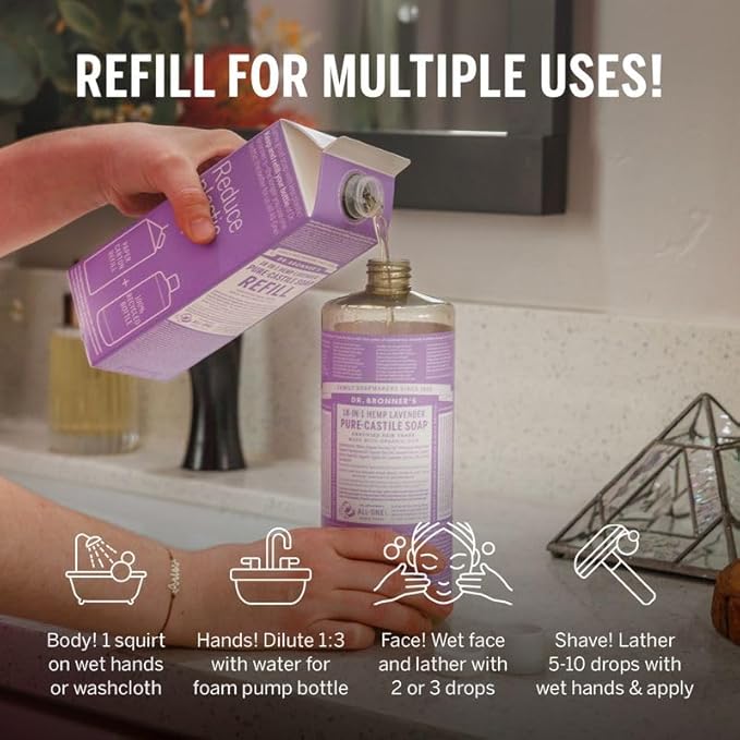 Dr. Bronner's Pure-Castile Liquid Magic Soap Refill - Made with Regenerative Organic Certified Oils, 86% Less Plastic per Quart - 18-in-1 Uses for Face, Body Wash, Hand Soap Refill- Lavender, 32oz