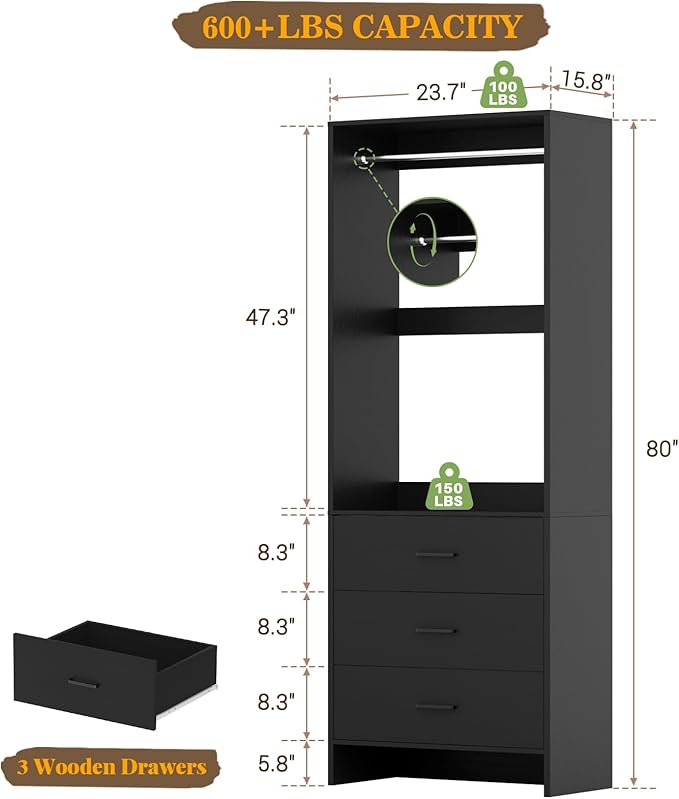 Aheaplus 2FT Closet System with 3 Drawers, 24’’ Closet Organizer, Wood Closet Organizer System, Walk-in Closet or Small Closets Wardrobe, Clothes Rack with Hanging Rods,-E7, Black