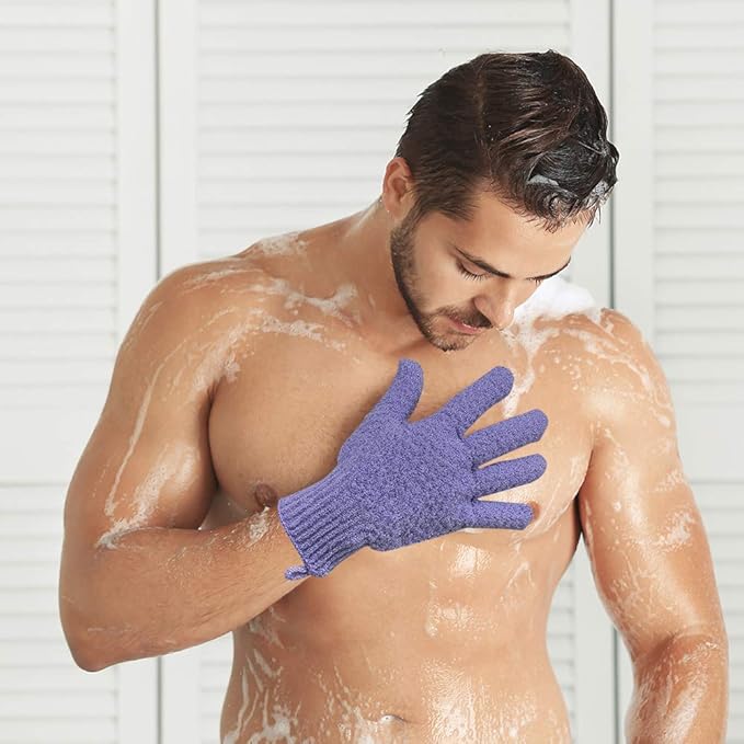 Bath Exfoliating Gloves Scrub - 4 pcs(2 pairs) Lengthened and Large Exfoliating Scrubbing Gloves for Shower, Spa, Massage - Scrub Exfoliating Mitts for Body, Face, Hand (Purple and Beige)