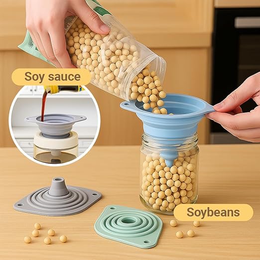 Kitchen Funnel Set, Wide-Mouth Foldable and Telescopic Design, Liquid Separation Funnel, Silicone (6 pcs)