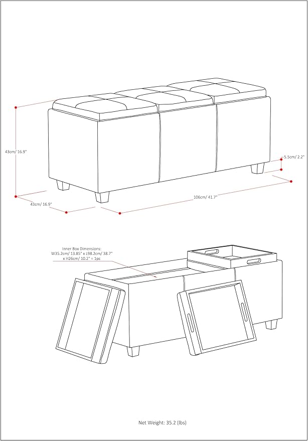 SIMPLIHOME Avalon 42 inch Wide Contemporary Rectangle Storage Ottoman in Red Vegan Faux Leather, Assembled, for the Living Room, Entryway and Family Room