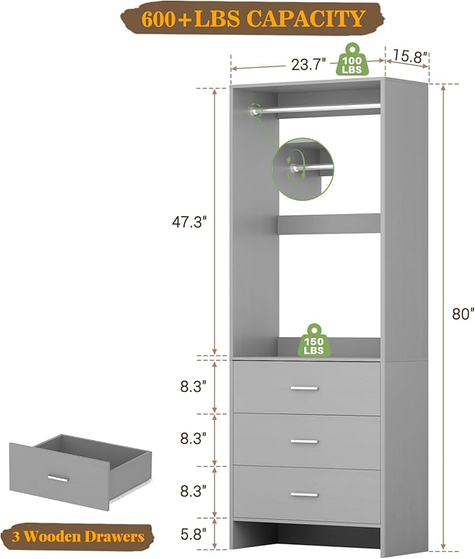 Aheaplus 2FT Closet System with 3 Drawers, 24’’ Closet Organizer, Wood Closet Organizer System, Walk-in Closet or Small Closets Wardrobe, Clothes Rack with Hanging Rods,-E6, Grey