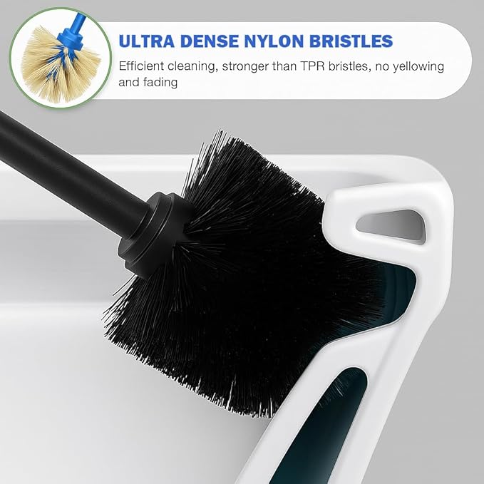 Brushed Nickel Toilet Brush and Holder Set, 304 Stainless Steel Toilet Brush for Bathroom, Heavy Duty Toilet Bowl Brush with Holder, Removable Inner Bowl and Splash Protection, Long Handle