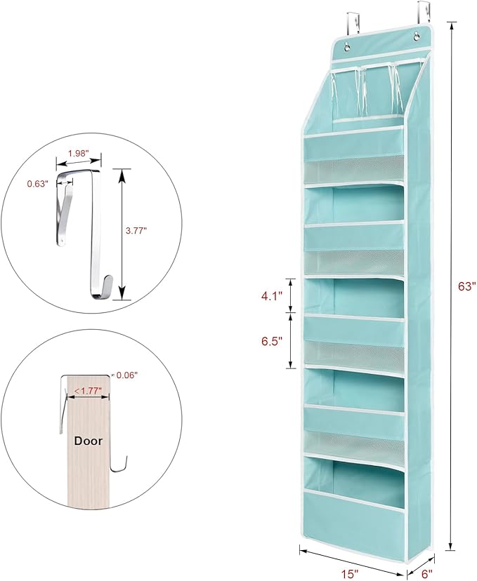 Univivi 6-Shelf Over Door Hanging Organizer Fabric Baby Door Storage with 5 Large Pockets and 3 Small PVC Pockets Wall Mount Hanging Storage Organizers for Baby Essential (Blue)
