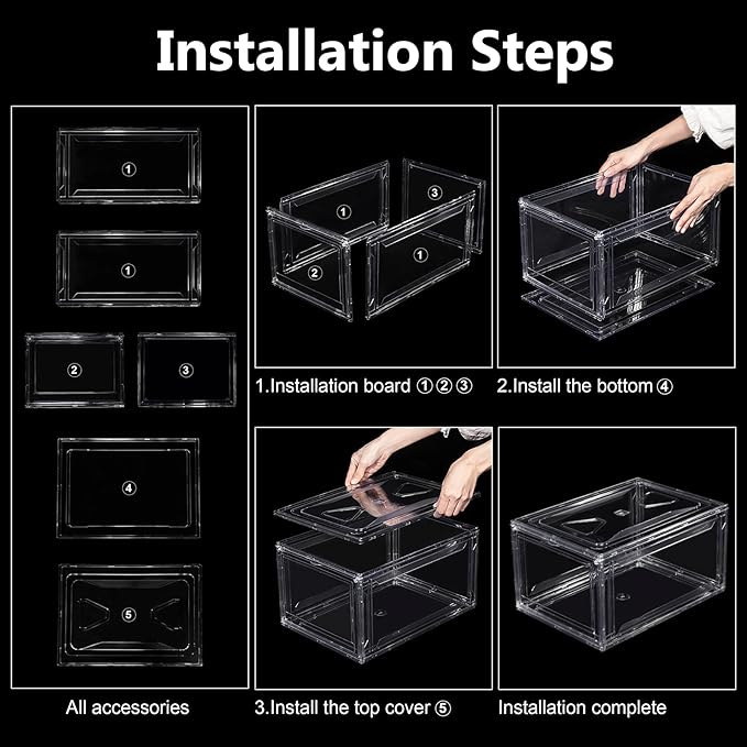 6 Pack Acrylic Shoe Boxes, Ultra Clear Shoe Boxes Stackable, Shoe Storage Box Sneaker Storage for Sneakerhead, Foldable Shoe Organizer with Magnetic Door, Professional Shoe Display Fits US Size 15