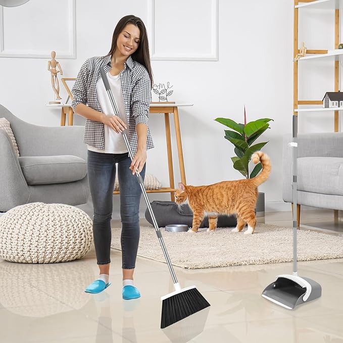 NACENA Broom and Dustpan Set, 52-in Long Adjustable Handle Broom Dustpan Combo with Dustpan Teeth to Automatically Clean Hair Suitable for Home Kitchen Office Hall Floor (Grey&White), 4 Pack