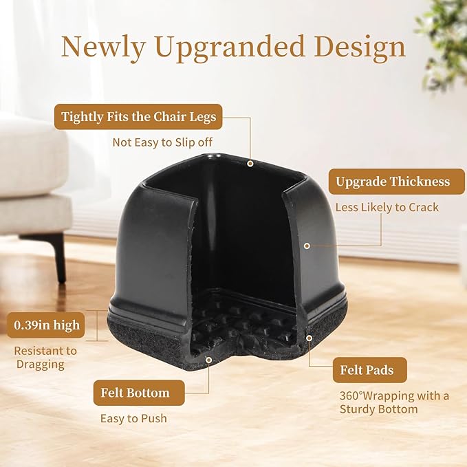 Square Chair Leg Floor Protectors Medium 24Pcs,Silicone Chair Leg Protectors for Hardwood Floors/Tiles,Black 360°Wrapped Felt Bottom to Prevent Scratch and Reduce Noise