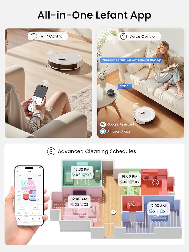 Lefant Robot Vacuum and Mop Combo, 8 Weeks Self-Emptying with Dual Dustbin Options, 6000Pa LiDAR Robotic Vacuum Cleaner with Precision Mapping, 240mins, Carpet Detection, WiFi/App/Alexa, M2S Pro