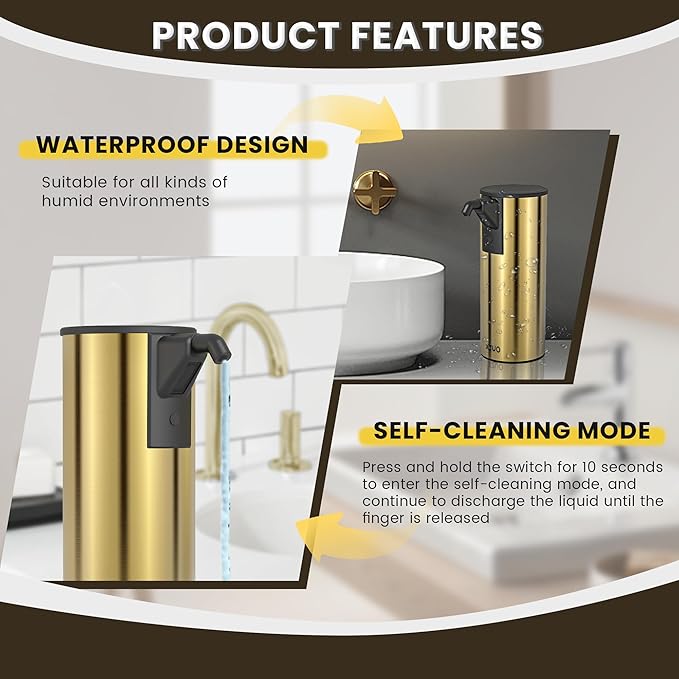 Automatic Soap Dispenser Touchless 11.8oz/350ml Four-Level Adjustable Dispenser Volume,Stainless Steel Material,Battery Powered for Wide Compatibility in Kitchen, Bathroom, Hotel & Office (Gold)