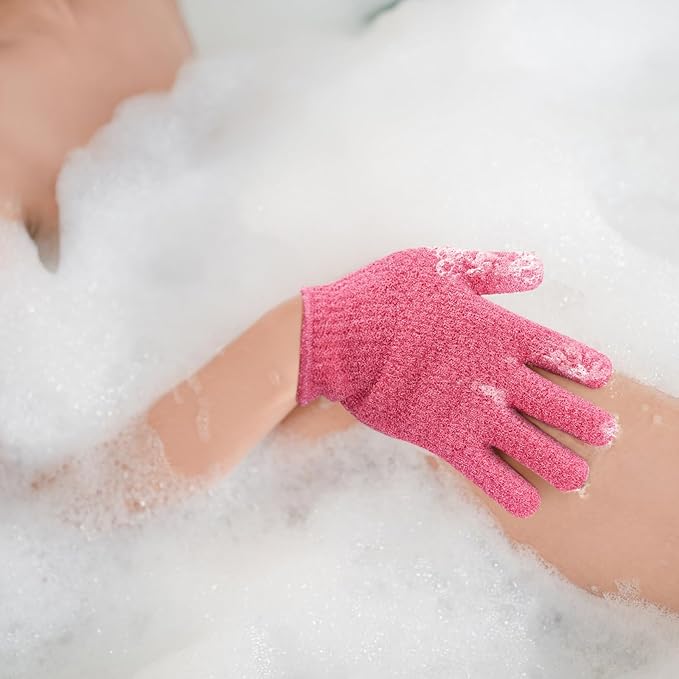 Evridwear Exfoliating Gloves for Shower, 100% Nylon Thick Soft Medium Heavy Bathing Gloves Dead Skin Remover Body Scrubber Smooth Skin with Hang Loop, 3 Pairs Heavy Hot Pink