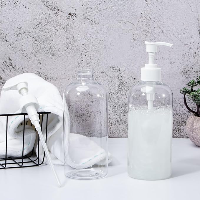 Yebeauty Plastic Pump Bottle, 4 Pack 17oz/500ml Stylish Shampoo Bottles Refillable Hand Soap Dish Soap Dispenser with Press for Massage Oil, Liquid Hand, Clear