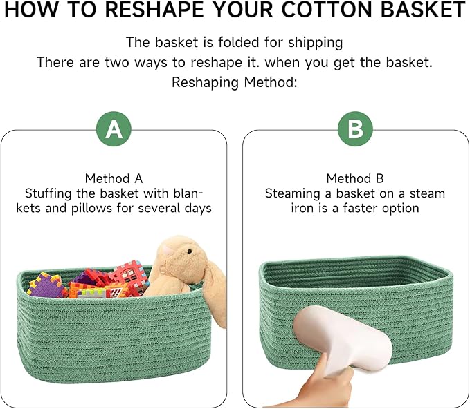 Small Storage Baskets for Organizing | Closet Organizer Bins | Shelf Toy Basket | Woven Rope Baskets | Cube Decorative Box | Shallow Basket | 11.5x7.5x4.7” | 4 Packs Green