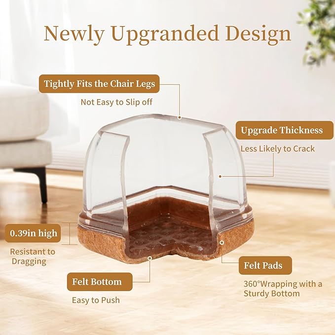 Square Chair Leg Floor Protectors Medium 24Pcs,Silicone Chair Leg Protectors for Hardwood Floors/Tiles,Clear 360°Wrapped Felt Bottom to Prevent Scratch and Reduce Noise