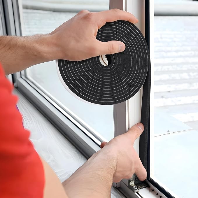 Weather Stripping Door Seal Strip (4/5 Inch X 1/16 Inch X 32Feet), Strong Adhesive, Lightproof, Soundproof, Weatherproof Foam Tape Insulation for Sliding Door, Front Door Frame, Windows- Black