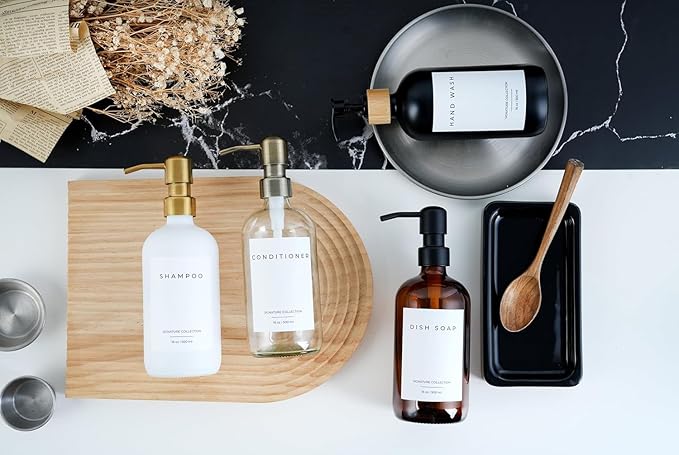 Emerson Essentials Soap Dispenser, Dish Soap Dispenser, Soap Dispenser Bathroom Set, Hand Soap Dispenser, Kitchen Soap Dispenser Set, Glass Soap Dispenser with Pump and Labels | 16 Oz, 2-Pack