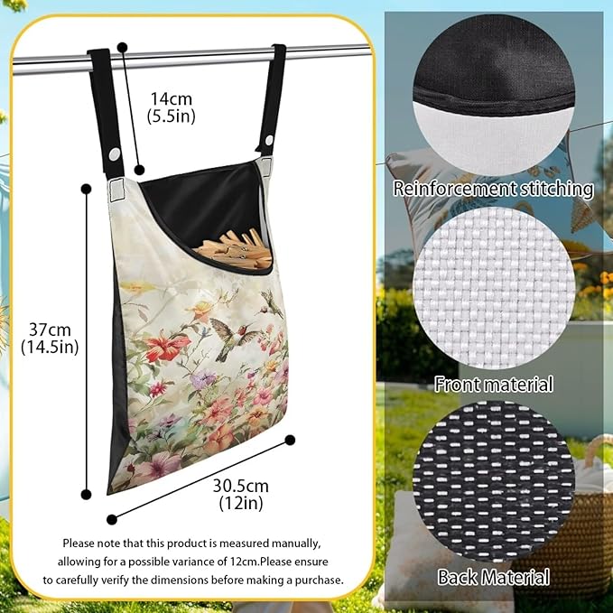 2 Pcs Hummingbird Pink Clothespin Bag, Large Clothes Pin Hanging Bag, Pin Bag with Large Opening for Clothes Lines Outside Yard Home Decoration