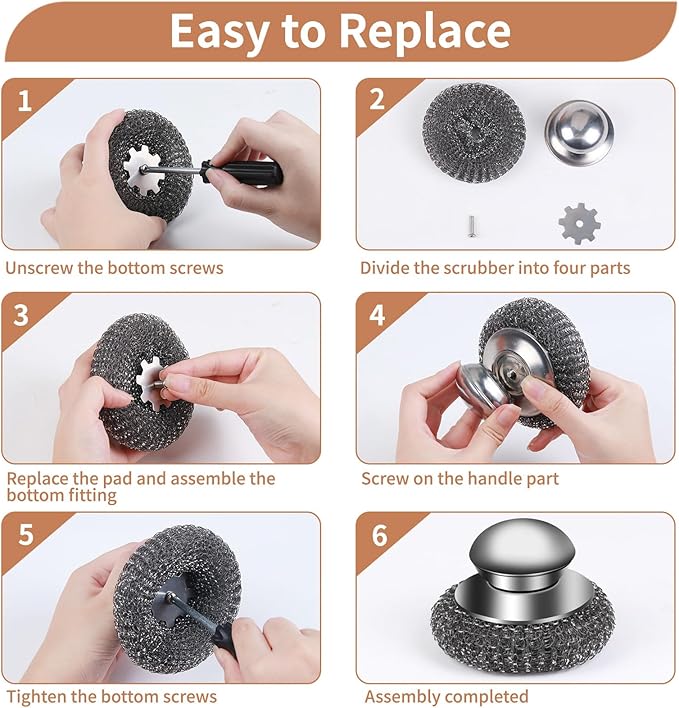 4pcs Steel Wool Scrubber with Replacement Wire Sponge Pads Set, Stainless Steel Scrubber with Handle for Scouring Stubborn Messes from Cast Iron, Pots, Pans, Grill, Stoves, Sink(2 Scrubber+2 Pads)