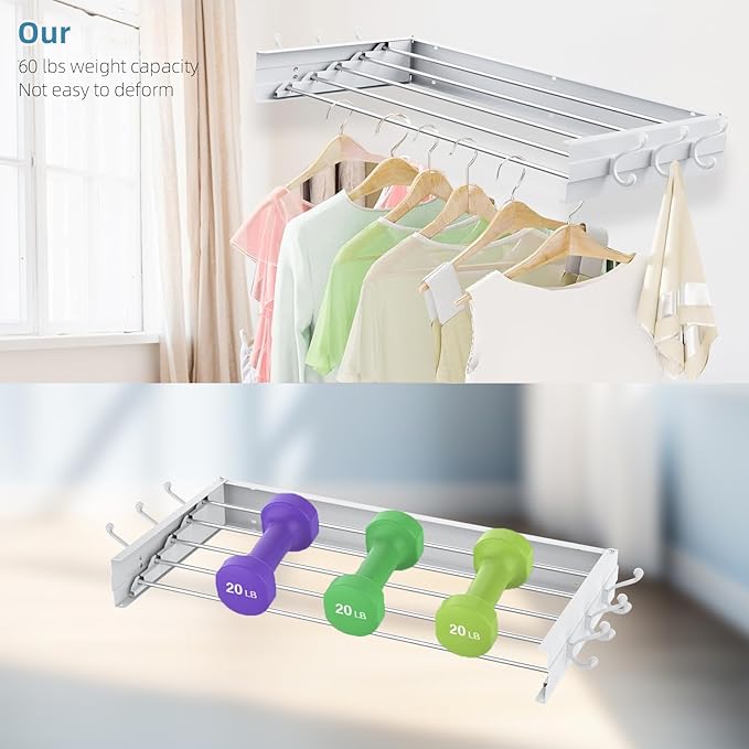 Laundry Drying Rack, Collapsible Wall Mounted Clothes Drying Rack - Foldable,Space Saving, 13.2 Linear Ft, 4 Aluminum Rods, 60 lb Capacity (White, 23.6" Wide)