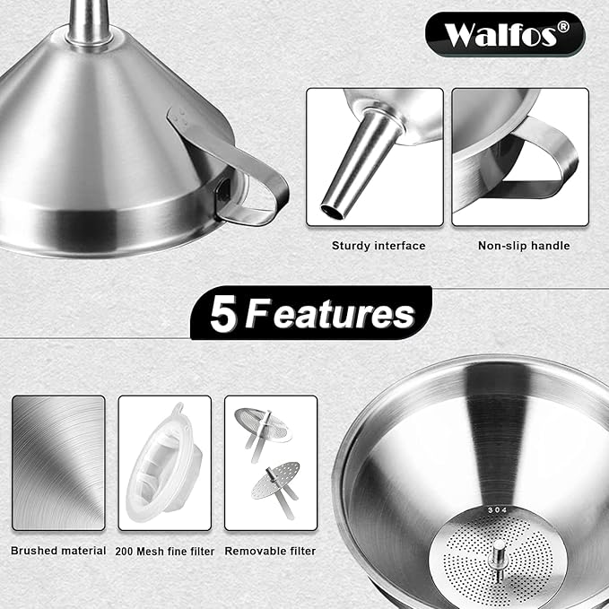 Stainless Steel Funnel, Walfos 6 Different Sizes of Kitchen funnels with 2 Removable Strainer & 1Pcs Cleaning Brush, 200 Mesh Food Filter Strainer,for Transferring of Liquid, Oils, Jam, Powder