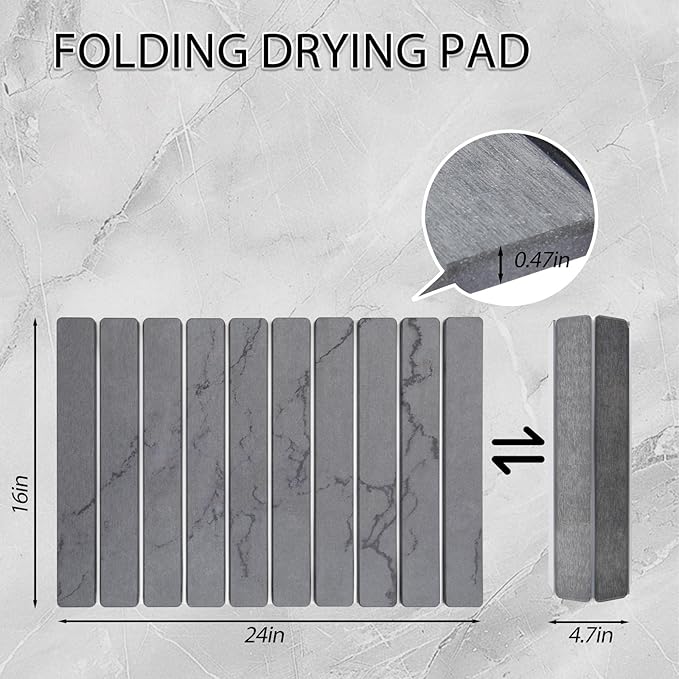 Stone Drying Mat for Kitchen Counter 24"×16" ,Large Dish Drying Mat with Drainage Grooves, Non-Slip Silicone Drying Mat, Absorbent Counter Protector for Dishes, Utensils