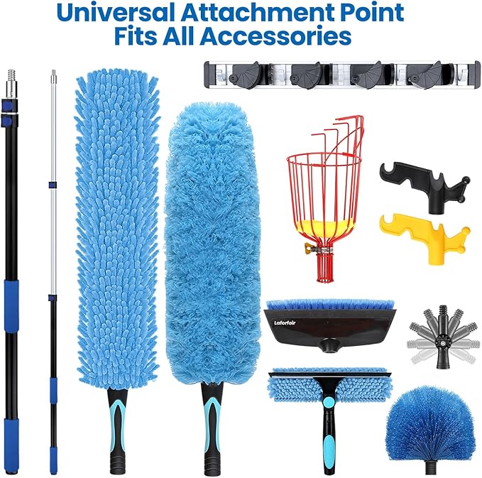 30ft High Ceiling Duster Kits with 5-24ft Heavy Duty Extension Pole - Fan Blade Cleaner, Cobweb Remover & Blue Window Squeegee Kit, Washable Dust Brush for High Roof and Glass Surfaces