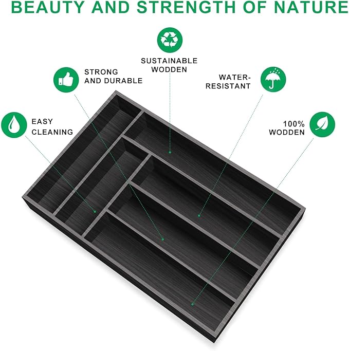 Small Silverware Organizer Utensil Tray 13"x9" Kitchen Drawer Organizers and Storage Wooden Utensil Holder Drawers Divider Narrow Black Cutlery Tray for Spoon Forks Bamboo Flatware Cutlery Organizer