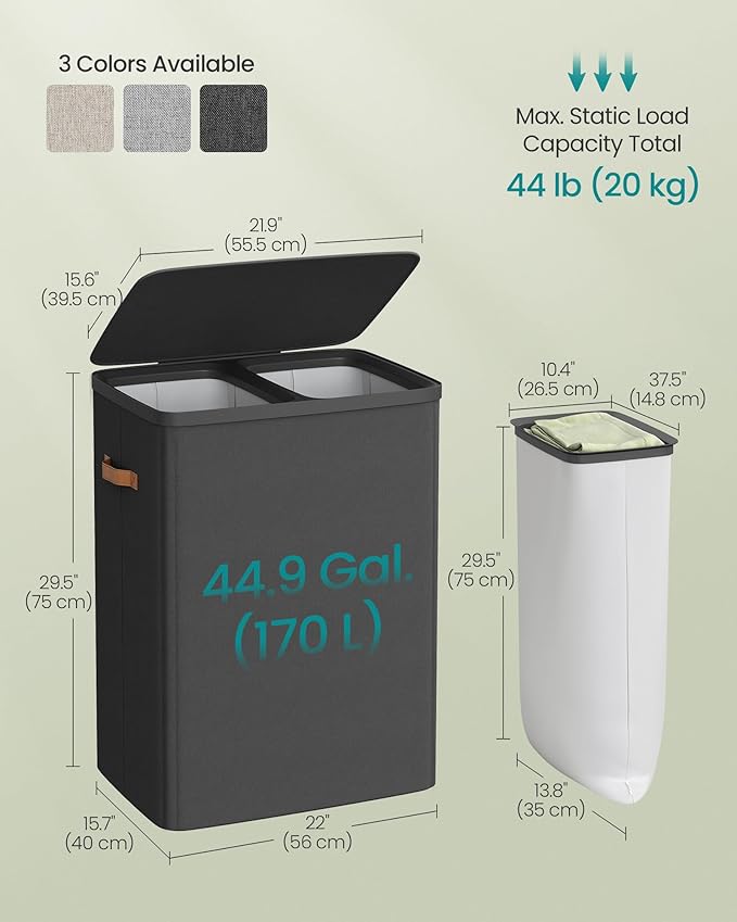SONGMICS Laundry Basket, 44.9 Gal. Laundry Hamper, 2 Compartments, Easy Assembly, with Lid and Handles, Removable Liners, 22 x 15.7 x 29.5 Inches, Ink Black ULCB813B01