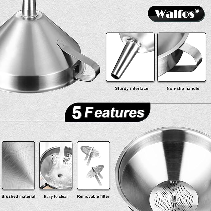 Walfos Extra Large Stainless Steel Funnel with Venting Slot, Kitchen Funnel with 2 Removable Strainer & 1Pc Cleaning Brush, Perfect for Transferring Liquid, Oils, Jam, Dry Ingredients (Jumbo, 7.9")