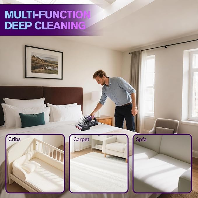 Mattress Vacuum Cleaner, 18Kpa Handheld Bed Vacuum Cleaner with 253.7nm UV-C Light, HEPA Filter & Ultrasoni, 150℉ Heat, Smart Dual Cup, and One-Click ash Removal for Bed, Sofa(Gray)