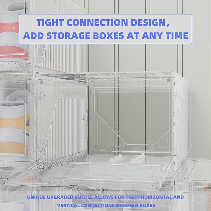 6 Pack Upgraded XX-Large Storage Organizer with Magnetic Door, New structure is more stable, Thicken & Sturdy Clear Stackable Interconnectable Shoe Box for Entryway, Closet, Under Bed