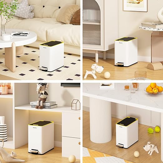 Stainless Steel Bathroom Trash can with lid,2.6 Gallon Trash can with Foot Pedal,Soft Close Small Bathroom Trash Can with Lid for Office, Bedroom, Toilet, Live Room(White)