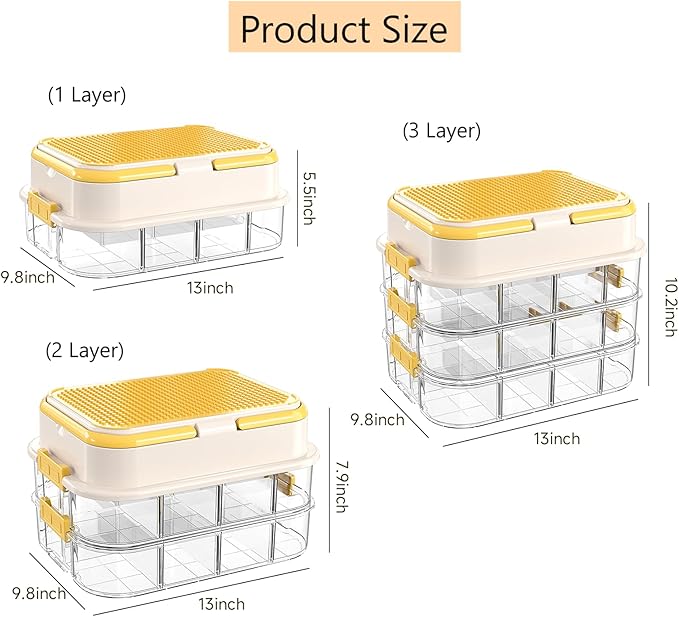 Toy Storage Organizer Box with Handle, Stackable Building Block Toy Box with Building Plate Lid & Removable Sorting Trays, Cubby Bins and Containers 1 Layer (Lemon)
