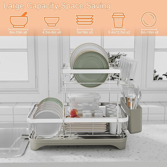 Dish Drying Rack, 2 -Tier 304 Stainless Steel Adjustable Spout Auto-Draining Dish Rack, Space Saving Dish Drainer with Drainboard and Utensil Holder for Kitchen Counter Grey