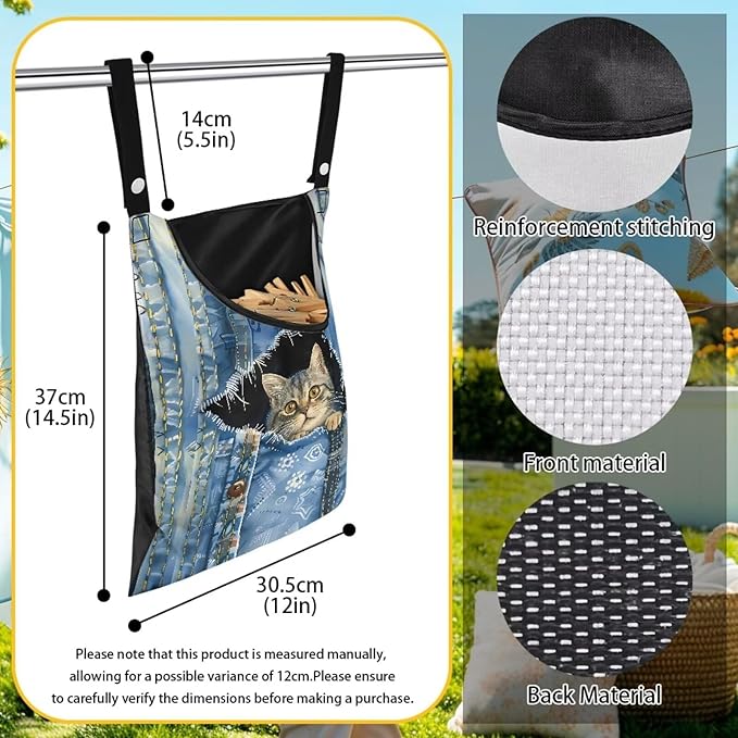 2 Pcs Clothespin Bag, Cat Pin Bag with Hanging Rope for Home Outdoor,Laundry Hanging Bag Fits Clothes Lines for Hanging Clothes Outside Balcony Bathroom Corridor Yard
