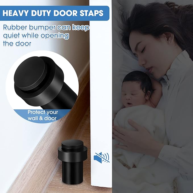 Chumia 6 Pcs Door Stopper Mounted Floor Stops Stainless Steel Cylindrical Stopper Modern Decorative Rubber Bumper Stops Holder Wall Protector for Bottom or Top of Door (Black)