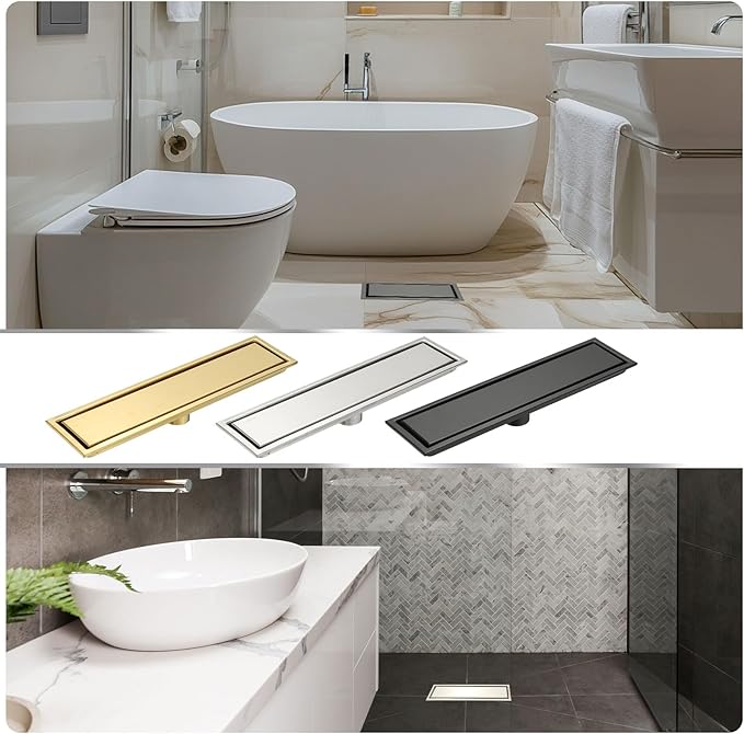 uxcell Rectangular Shower Drain, Brushed 304 Stainless Steel Odor-Proof Floor Drain Linear Shower Drain Hair Catcher for Bathroom Kitchen and Laundry Room(16 Inch, Gold)