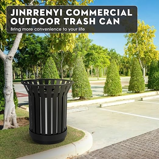 Round Heavy Duty Outdoor Trash Can, Large Metal Slatted Garbage Can for All Weather Resistant, Commercial Garbage Cans, Waste Receptacle in Park, Beach, Patio (Black, Medium)