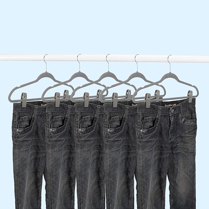 Grey Velvet Hangers Clips (50-Pack), Non-Slip Velvet Skirt Hanger Clips for Velvet Hangers, Strong Finger Clips Perfect for Kids Velvet Hangers Skirt Pant Clothes Gray Velvet Hangers