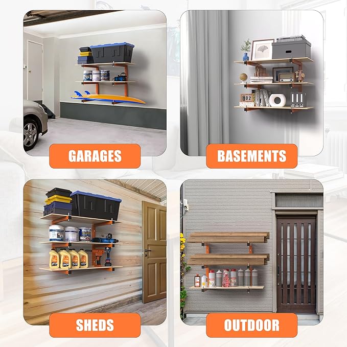 Lumber Rack Wall-Mounted Lumber Storage Rack, Heavy Duty Wood Storage Racks with 6-Level System, 1320 LB Sturdy Garage Wood Organizer, Orange Lumber Metal Racks for Indoor and Outdoor (4 Pack)