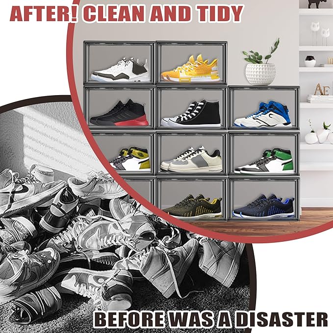 Shoe Organizer for Closet Clear Storage Box Sturdy Plastic Stackable Shoe Rack Sneaker Display Case with Magnetic Lids, 1 Pack Size 13