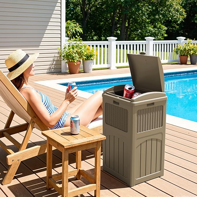 Greesum 33 Gallon Resin Outdoor Trash Can with Lid, Waterproof Resin Garbage Bin for Hideaway, Patio, Deck, Light Brown
