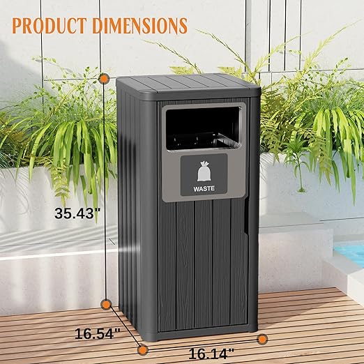 ROJIK 35" Tall Outdoor Trash Can,Weatherproof Resin Garbage Indoor Durable Lightweight,Suitable for Patio Office Kitchen,Easy to Clean,Assemble(Waste, Black)