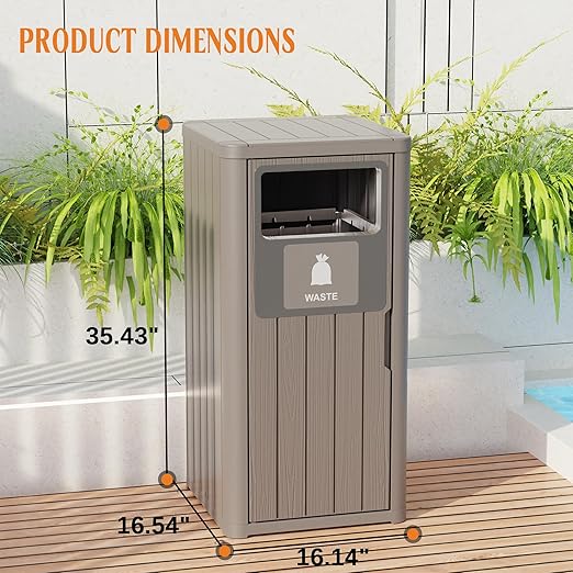 ROJIK 35" Tall Outdoor Trash Can,Weatherproof Resin Garbage Indoor Durable Lightweight,Suitable for Patio Office Kitchen,Easy to Clean,Assemble (Waste,Grey)