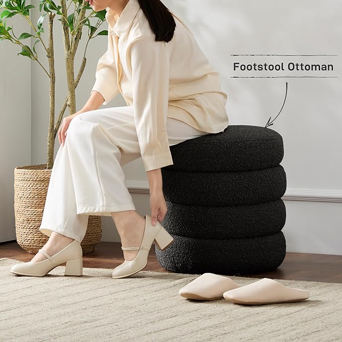 Round Ottoman with Storage Boucle Ottoman Stool with Storage Removable Lid for Living Room Modern Vanity Sorage Stool Foot Rest Bedroom Dorm Gifts Set of 2 (Black)