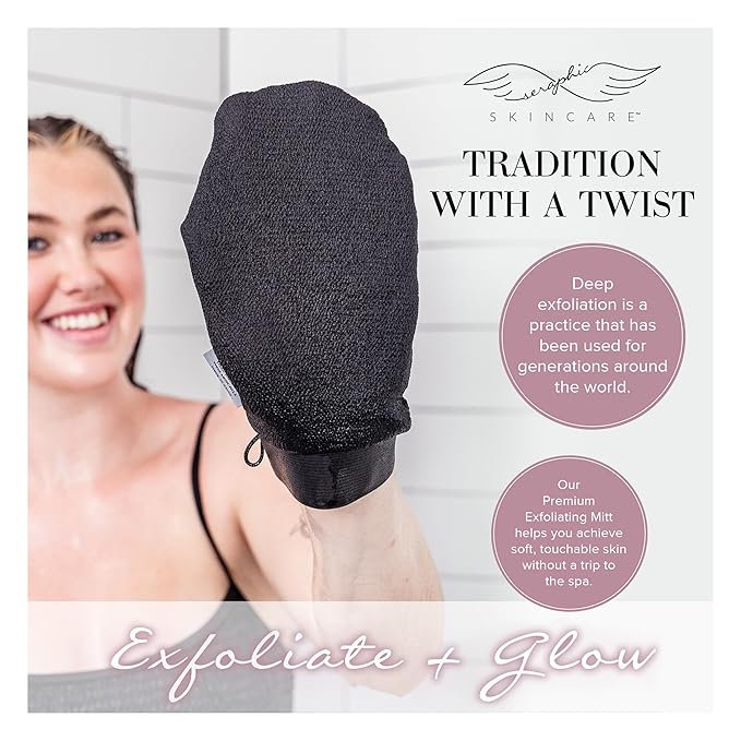 Seraphic Skincare (Original) Premium Exfoliating Mitt for Body (1pc) – 100% Vegan Viscose Traditional Body Scrub Glove Kessa Korean Washcloth – Body Exfoliator for Self-Tan Removal & Keratosis Pilaris