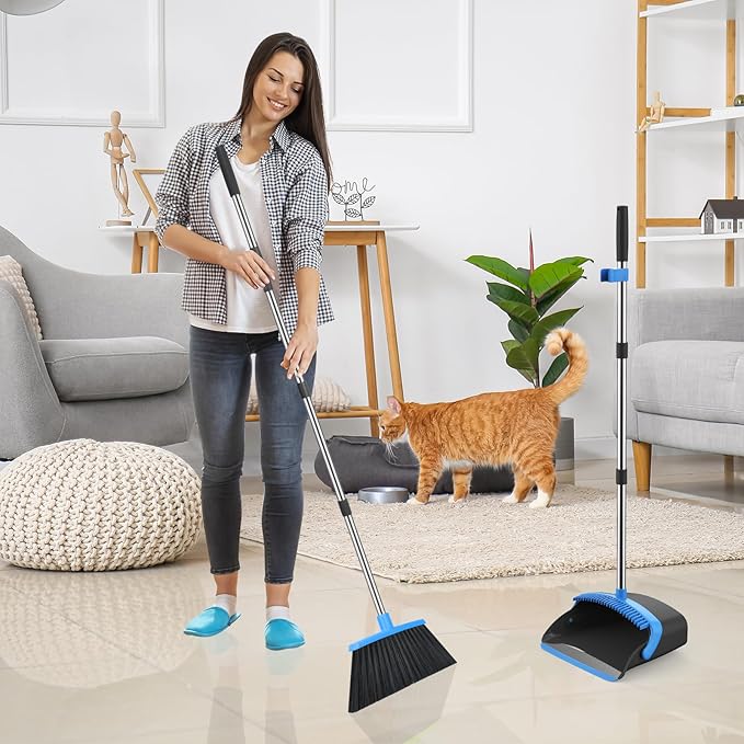 Broom and Dustpan Set, 52-in Long Adjustable Handle Broom Dustpan Combo with Dust pan Teeth to Automatically Clean Hair Suitable for Home Kitchen Office Hall Floor (Black&Blue), 4 Pack