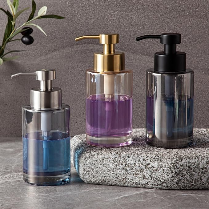 Enra Foaming Soap Dispenser, 12oz Thick Glass Body with Stainless Steel Pump, Bathroom & Kitchen (Silver Foam Dispenser)