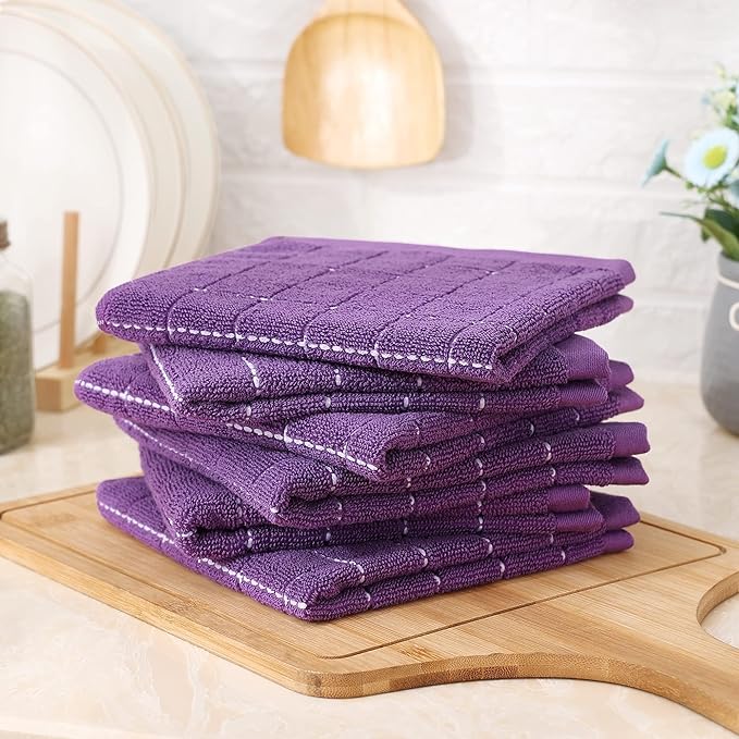Homaxy 100% Cotton Terry Kitchen Towels(Purple, 13 x 28 inches), Checkered Designed, Soft and Super Absorbent Dish Towels, 12 Pack