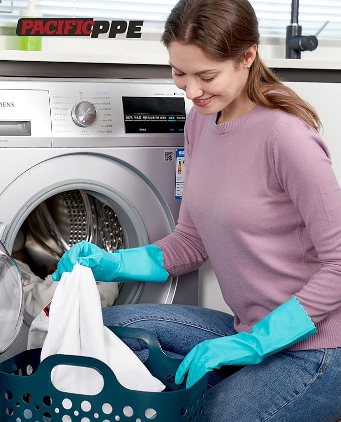 PACIFIC PPE 2 Pairs Reusable Dishwashing Cleaning Gloves with Latex Free, Cotton Lining, Kitchen Gloves, Green, Medium