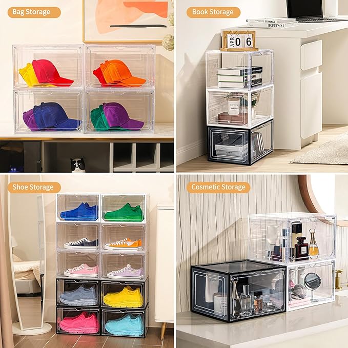 12 Pack White Shoe Boxes Stackable,Large Shoe Storage Organizer with Magnetic Door,Drop Side Shoe Containers for Entryway,Sneaker Storage Fit up to US Size 12 for Men/Women(13’’x10.62”x8.26”